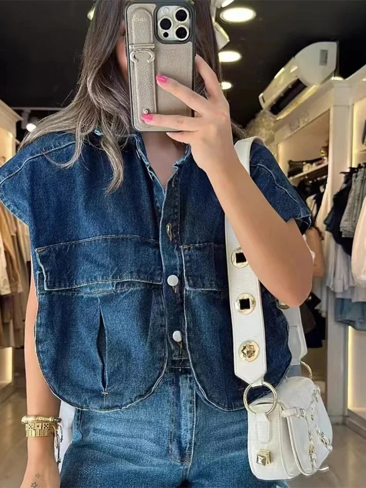 SIYANG Women Fashion With Pockets Cropped Denim Shirts Sexy Sleeveless Button-up Female Blouses Blusas Chic Tops