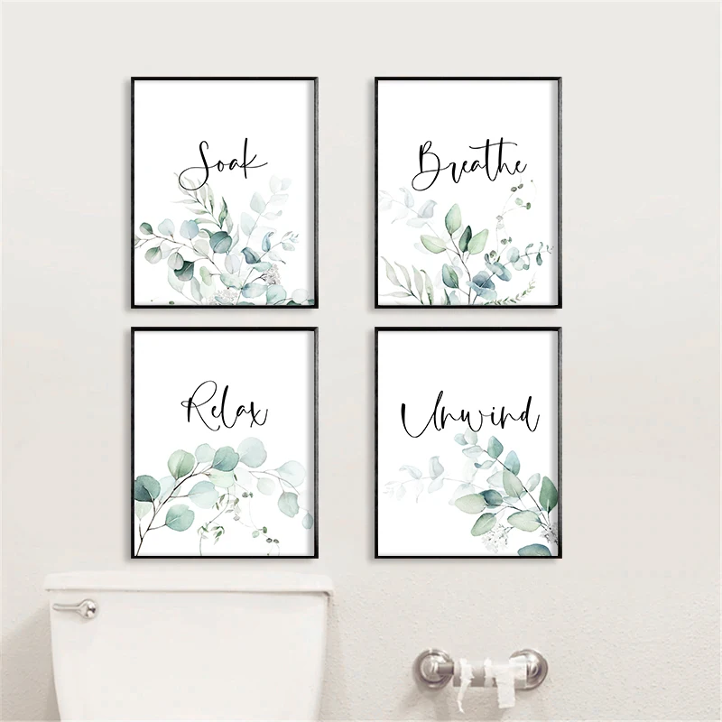 Greenery Bathroom Wall Art Prints Relax Soak Quote Poster Watercolor Green Eucalyptus Canvas Paitning Tropical Bathroom Decor