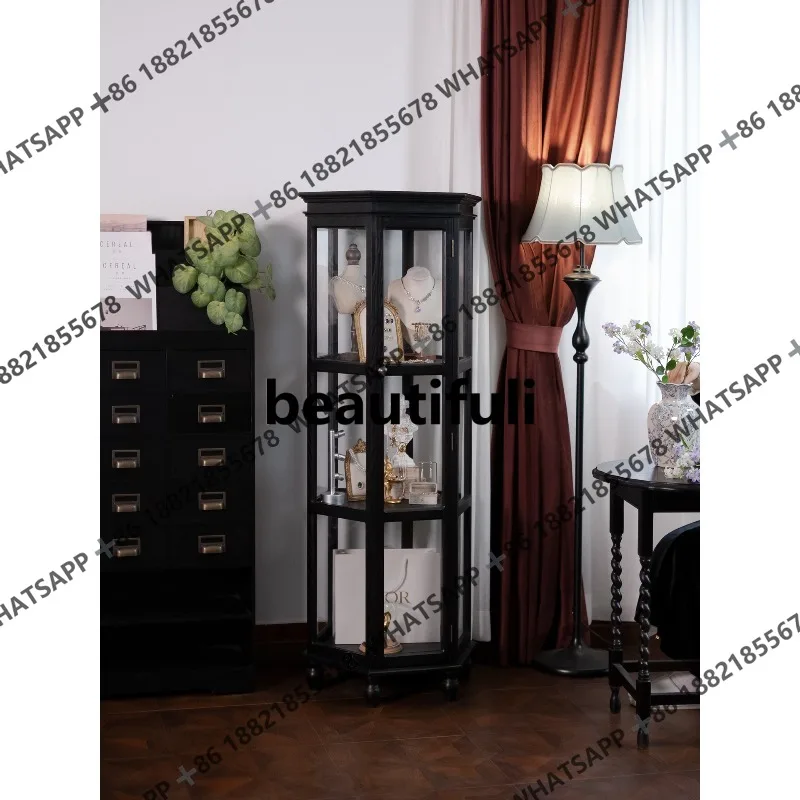 Retro floor jewelry cabinet light luxury collectibles jewelry wood glass display cabinet