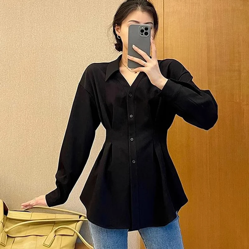 Waist Cinched Slimming Long Sleeve Shirts Women Spring Autumn All-Match Single Breasted Chic Shirt New Temperament Solid Tops