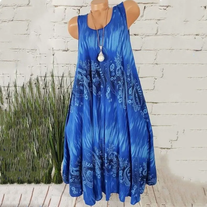 

New Fashion Bohemian Dress Elegant Floral Printed Stitching O-Neck Sleeveless Women Summer Loose Tank Dresses 2024