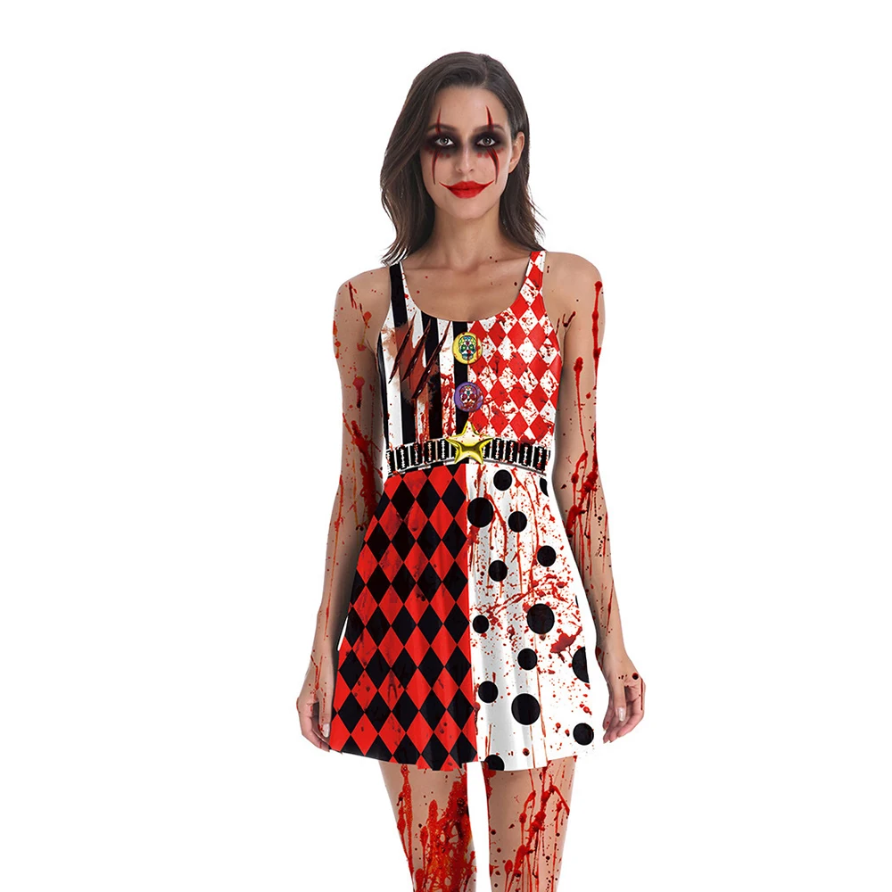 

Bloody Clown Dress Halloween Vampire Dress Zombie Cospaly Costume Day of The Dead Terrible Robe Women Carnival Party Outfit