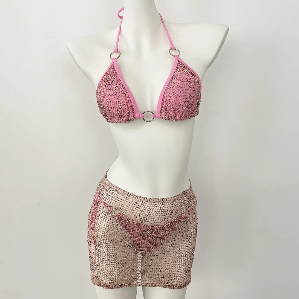 DEBAIOR 3 個ビキニセットプッシュアップビキニセクシーな女性水着光沢のあるスカート女性水着プリント水着ビーチウェアカバーアップ