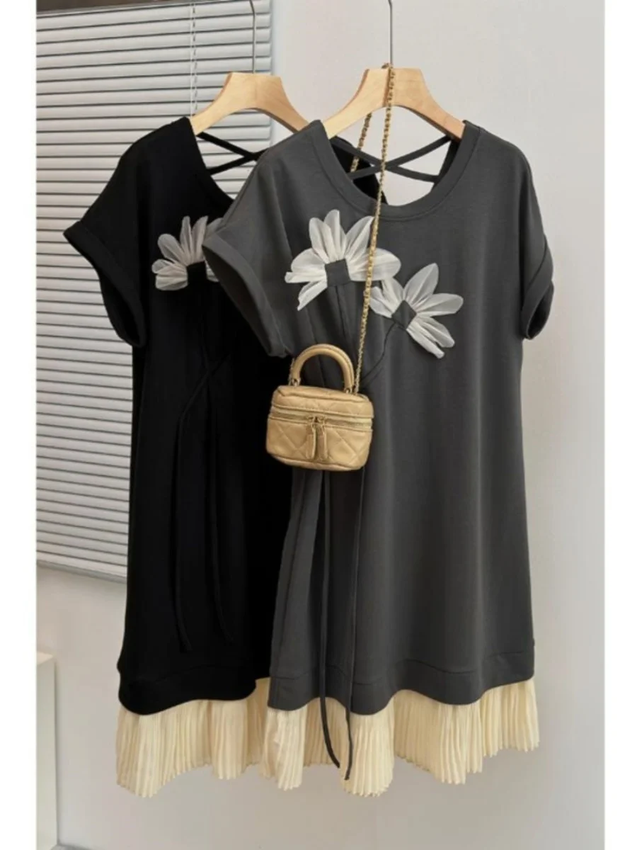 Vestido holgado de estilo francés para mujer, camisetas de manga corta con espalda descubierta y retazos, vestidos informales con cuello redondo y estampado de flores