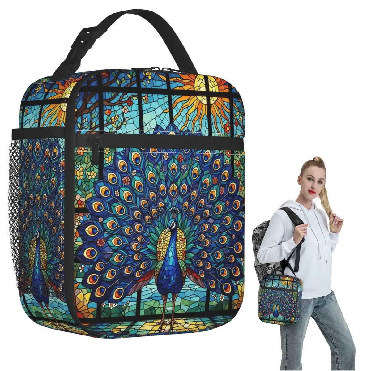 Stained Glass Peacock Insulated Lunch Bag for Women Kids Portable Food Boxes Thermal Lunch Box Tote