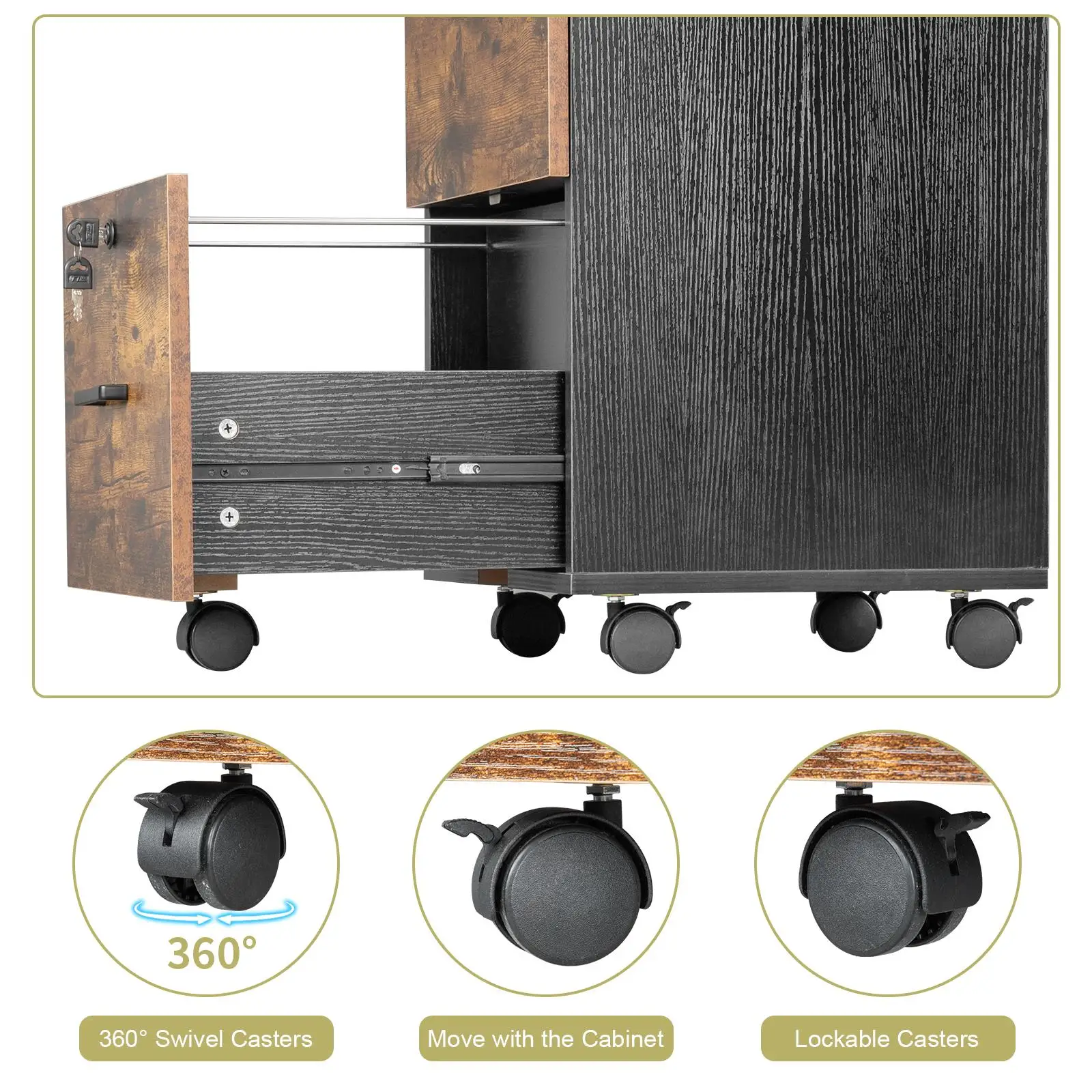 2-Drawer Lockable Rolling Wooden File Cabinet - Brown & Black Storage Solution