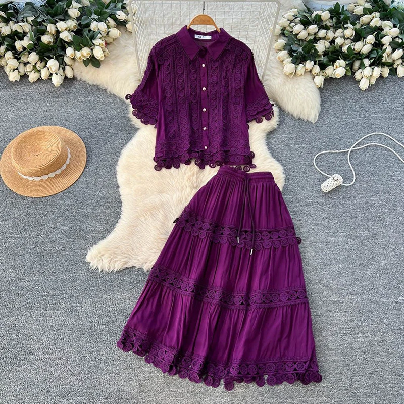 

French style summer two-piece set women's heavy industry hollow out lace patchwork short sleeved shirt high waisted cake skirt