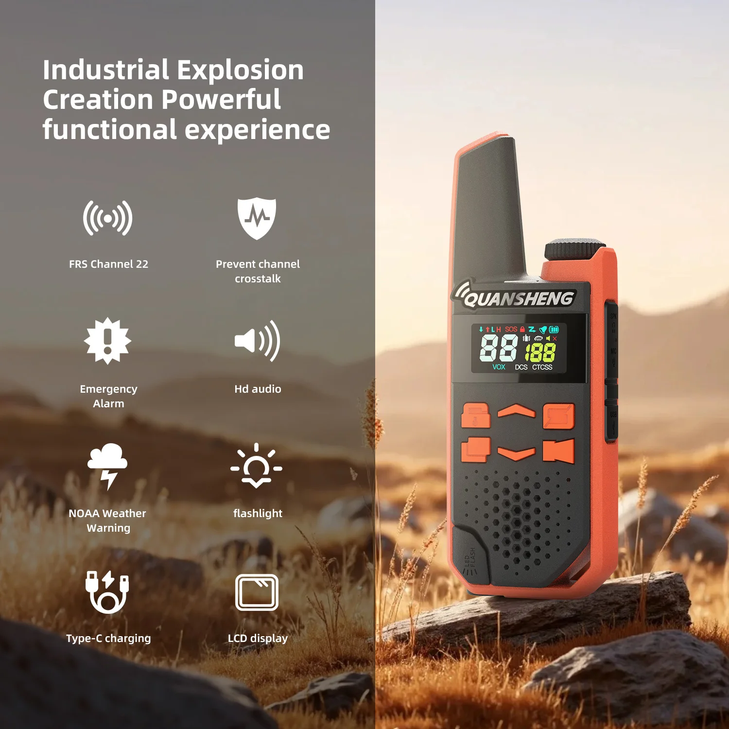 TG-FR1 PMR446 Walkie Talkie 16 Channels, USB-C Rechargeable Two Way Radio with VOX, SOS, Scan, Flashlight, 1.3in Screen