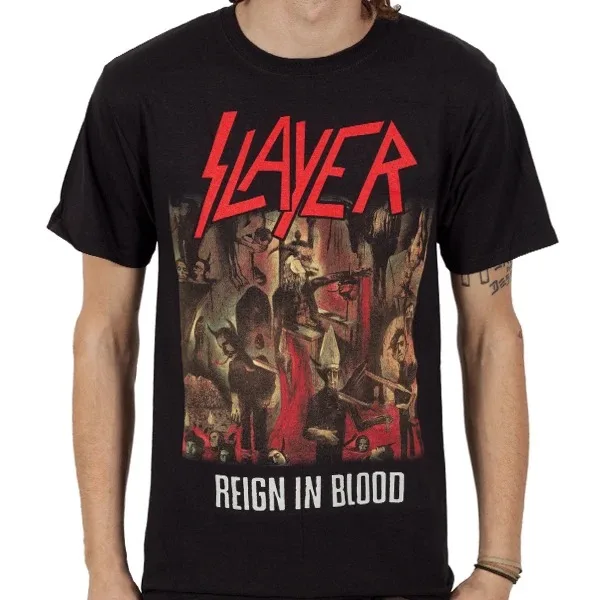 Slayer Metallic Eagle Emblem Print T‑Shirt, Displays Striking Silver Eagle Golden Ring Pentagram Sword and Bold Red Band Logo