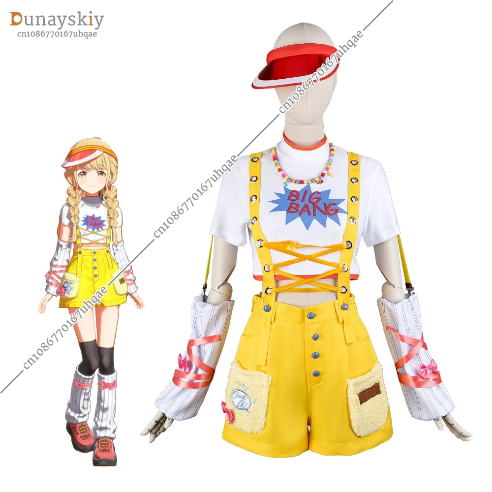 Game Gakuen The Idolm@Ster Kotone Fujita Cosplay Costume Yellow Rompers T-shirt Hat Wig Woman Cute Sexy Daily Leisure Time Suit