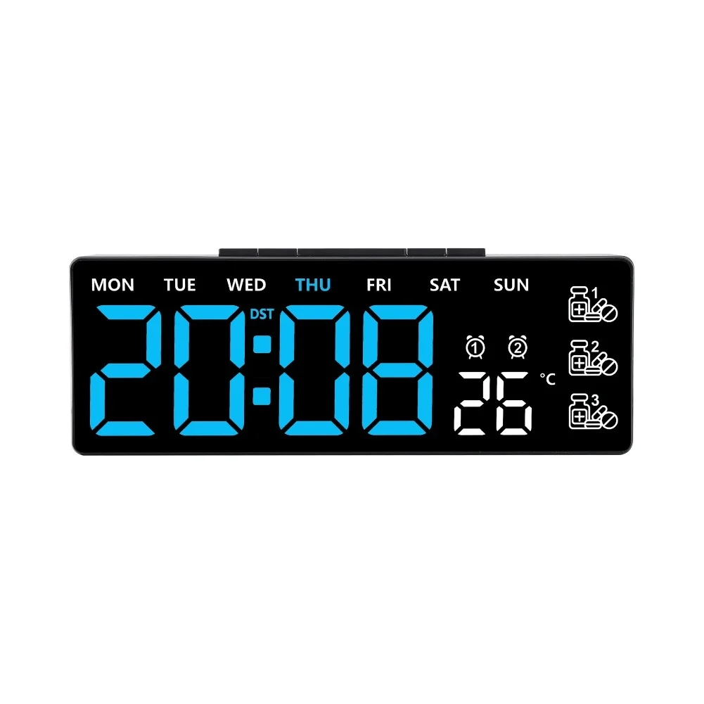 LED Digital Wall Clock Large Display Week Day Temperature Alarm Remote Control and Adjustable Brightness Settings