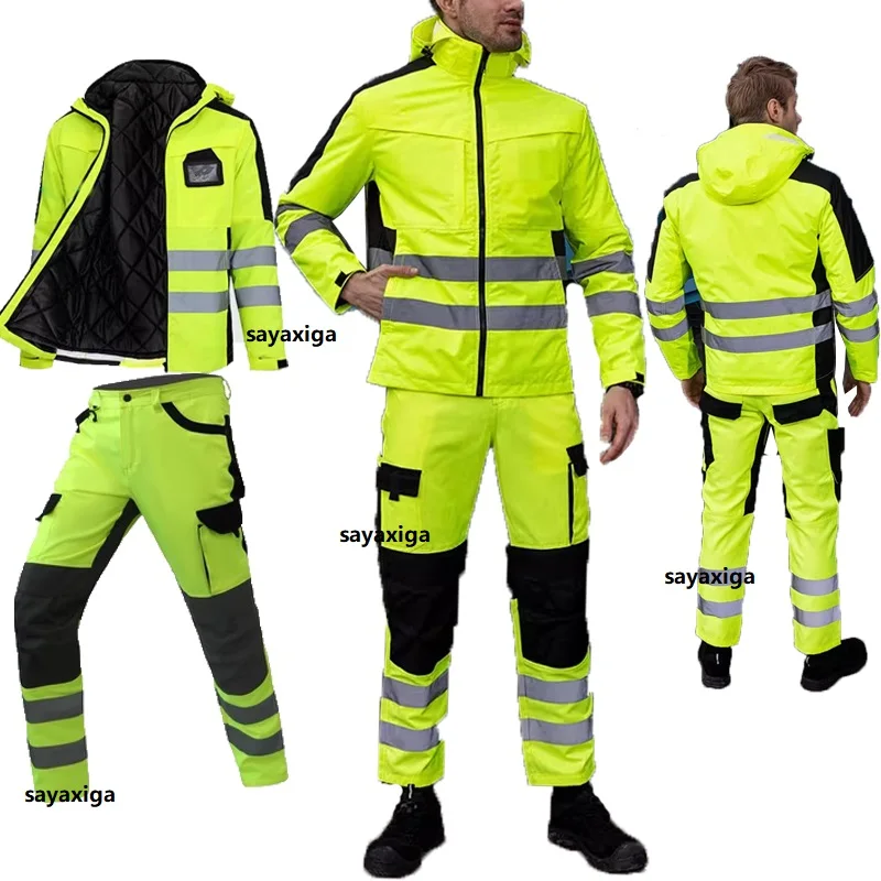 Hi Vis Work Clothing Working Suit For Man Mechanic Warm Winter Reflective Safety Work Coveralls Detachable Cotton Padded Linner