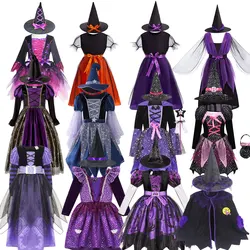 2024 Halloween Girls Witch Dress with Hat Drama Plays Wizard Gown Children Horro Costume All Saint's Cosplay Evil Spell Clothing