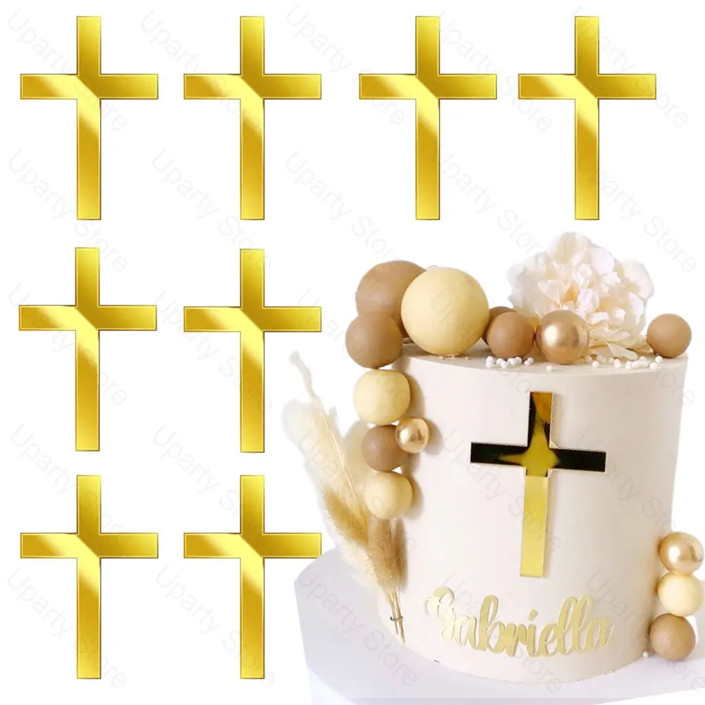 12/24Pcs Akrylowe nakładki na ciasto z krzyżem Lustro Złoty krzyż Nakładki na babeczki na Baby Shower Chrzciny Urodziny Chrzest Dekoracja tortu Favor