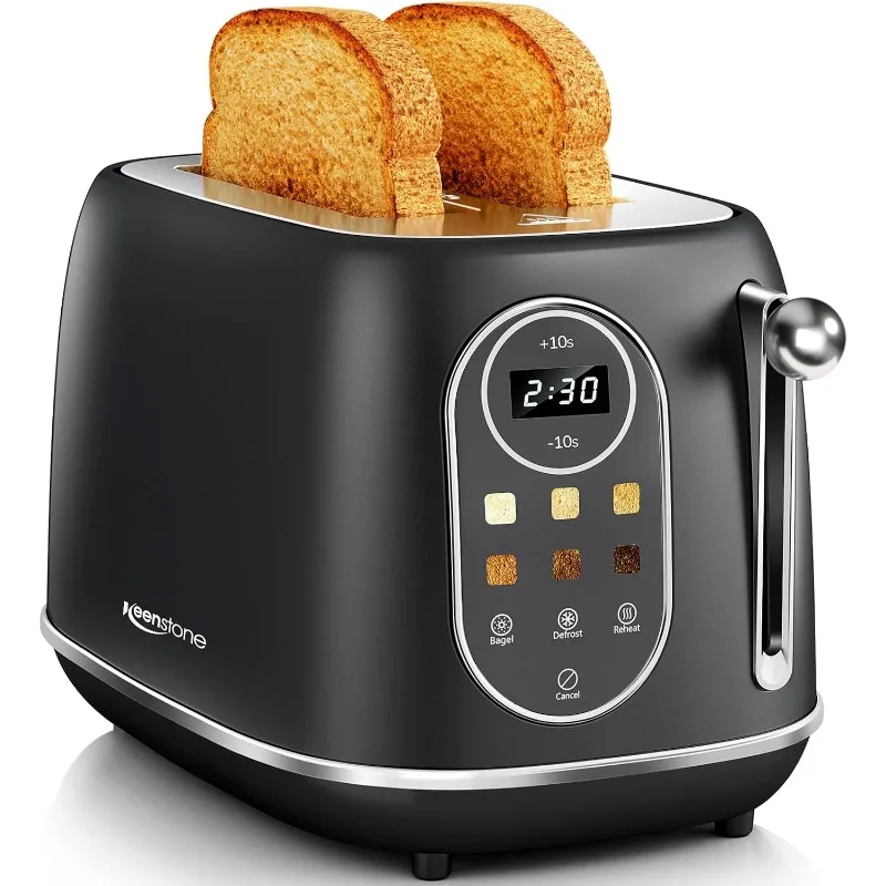 Intelligenter Touchscreen-Toaster, 2-Scheiben, Retro-Toaster aus Edelstahl mit breitem Schlitz und 6 Bräunungsstufen, Aufwärmen und Auftauen, Schwarz