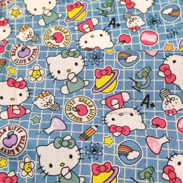 1Yard Sanrio Hello Kitty Chequer 100% Cotton Fabric for Girl Clothes Hometextile Cushion Cover Backpack Needlework DIY