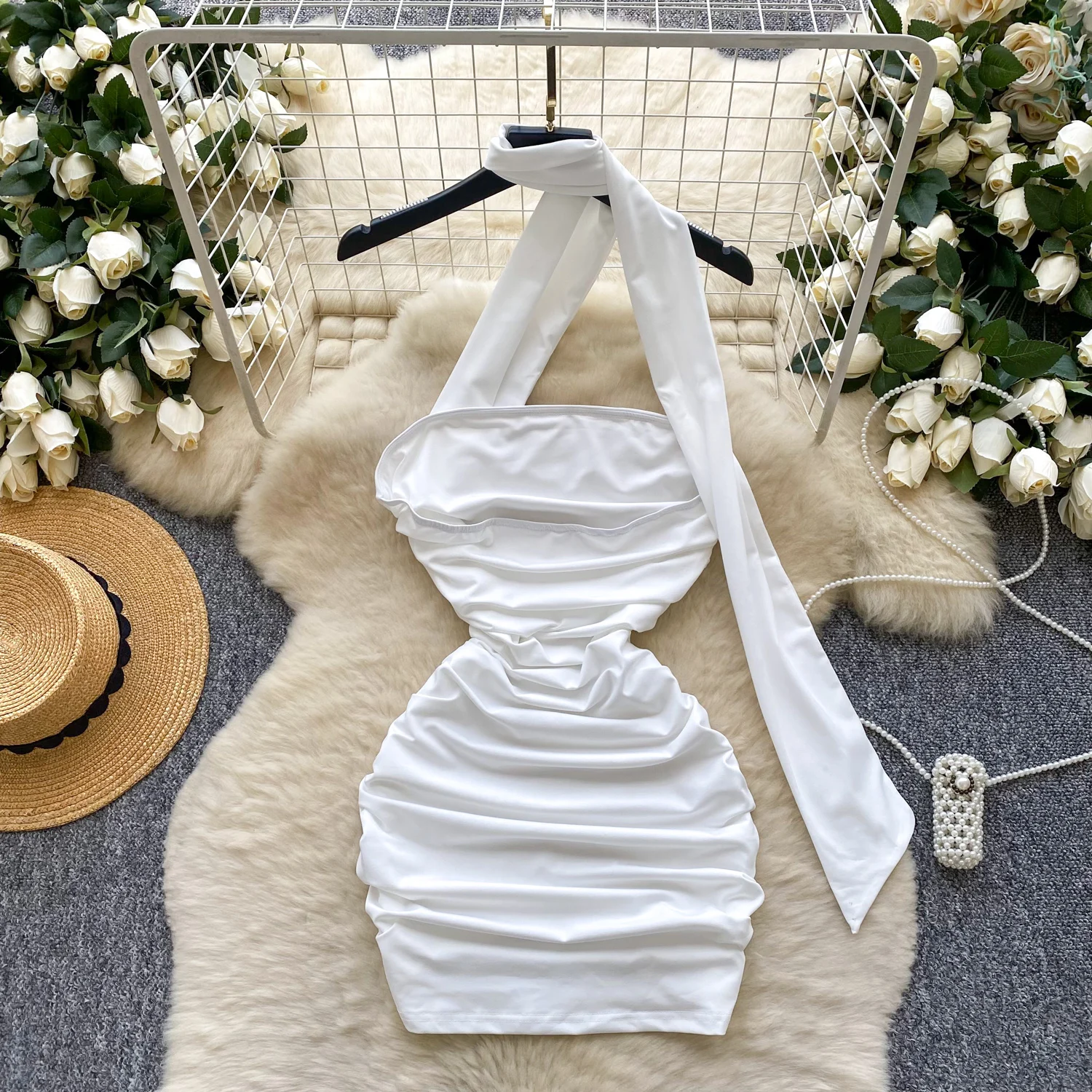 Chic vintage backless pleated solid slim Elegant Fairy korean fashion Boho Sundress women clothing