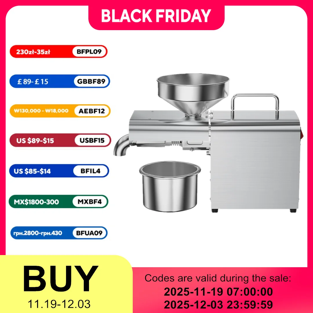 آلة ضغط الزيت من الفولاذ المقاوم للصدأ X3C - ضغط بارد وساخن فعال 20+ مواد خام، طارد زيت عالي الإنتاجية 220 فولت/110 فولت