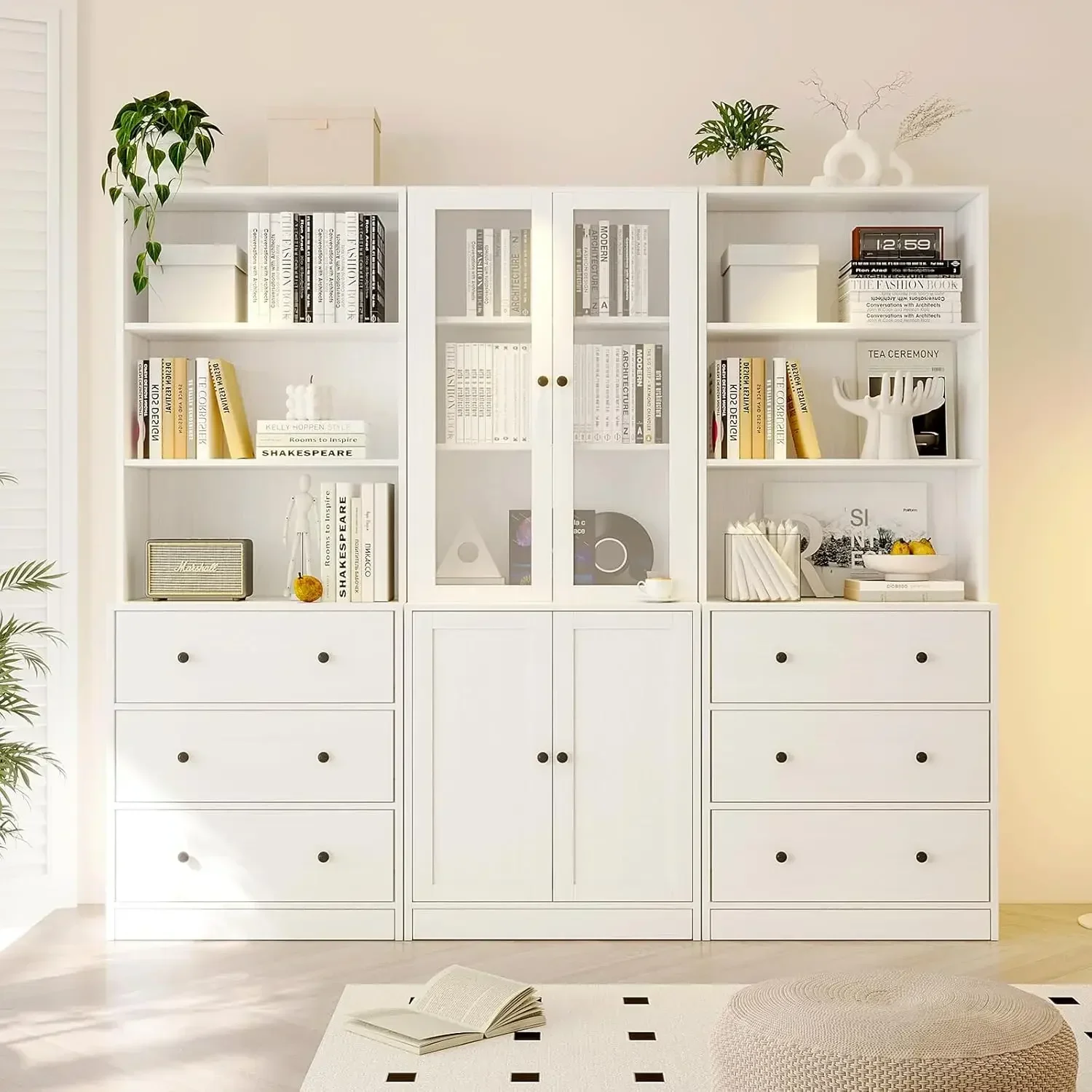 

71" Bookshelf Bookcase, 3-Tier Modern Bookshelves 3 Large Drawer, Wood Filing Cabinet with Open Storage Shelf, Glass Doors
