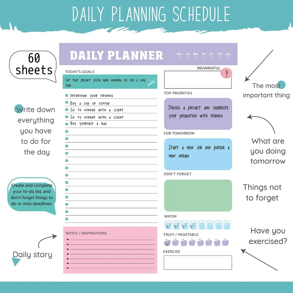 60 Sheets English Daily Planner To Do List Daily Schedules Memo Notepad Notebook Stationery