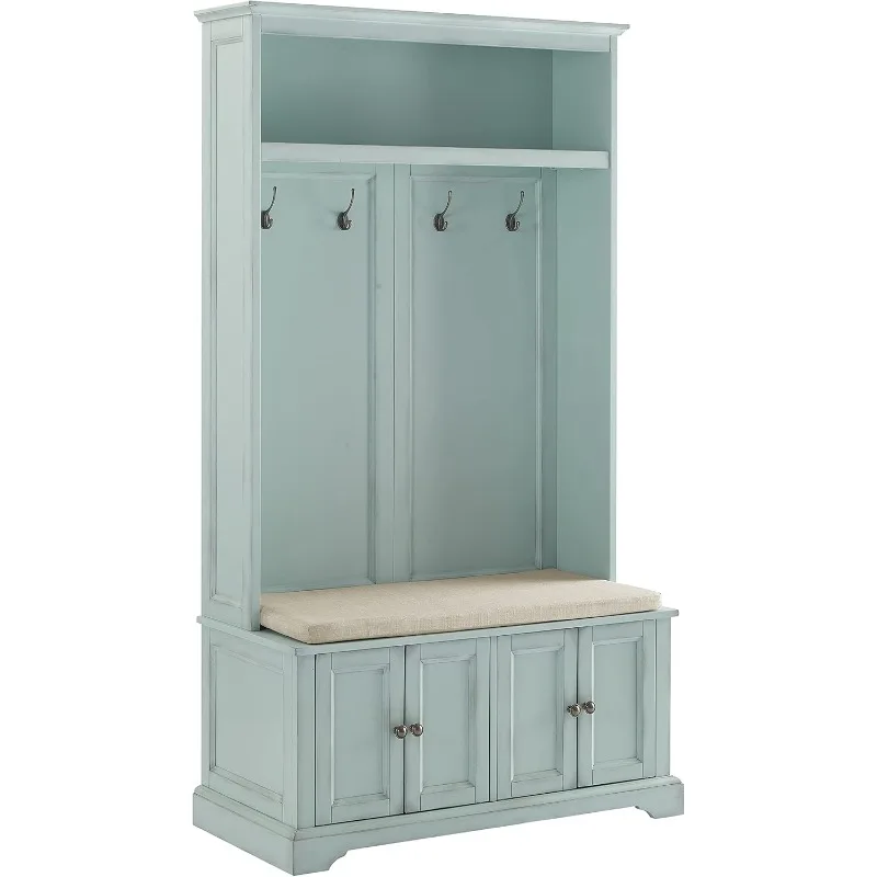 Crosley Furniture Holbrook Hall Tree with Shoe Rack Bench and Coat Hooks for Hanging Storage, Distressed Seafoam Blue