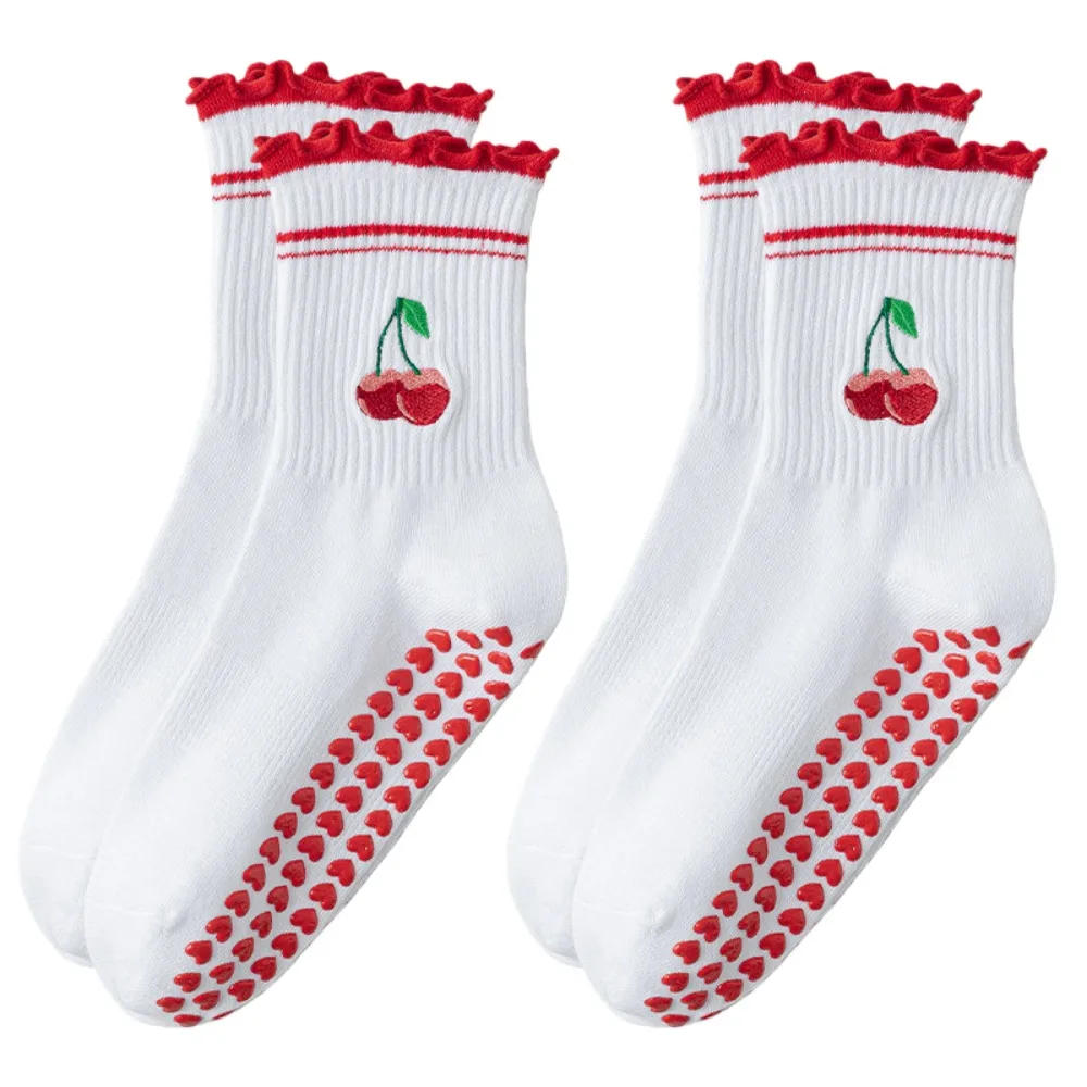 

2 пары силиконовых носков с сердечком, женские носки для йоги, дышащие носки для пилатеса с вишневым узором, милые хлопковые нескользящие носки, женские