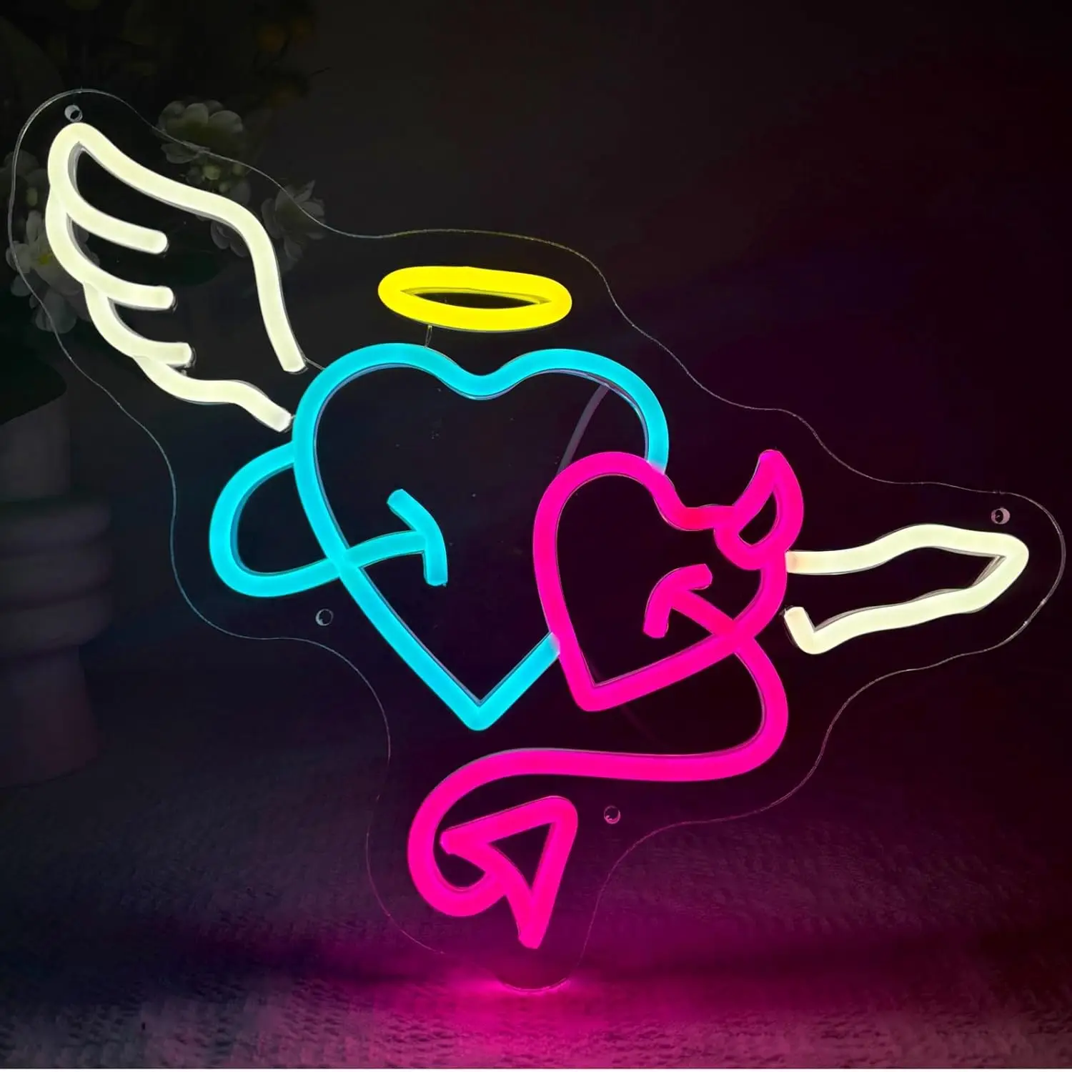 天使と悪魔のツインハートネオンサインled-usb調光式ウォールライト、カップルの寝室用ユニークな愛の贈り物、斬新で楽しい装飾