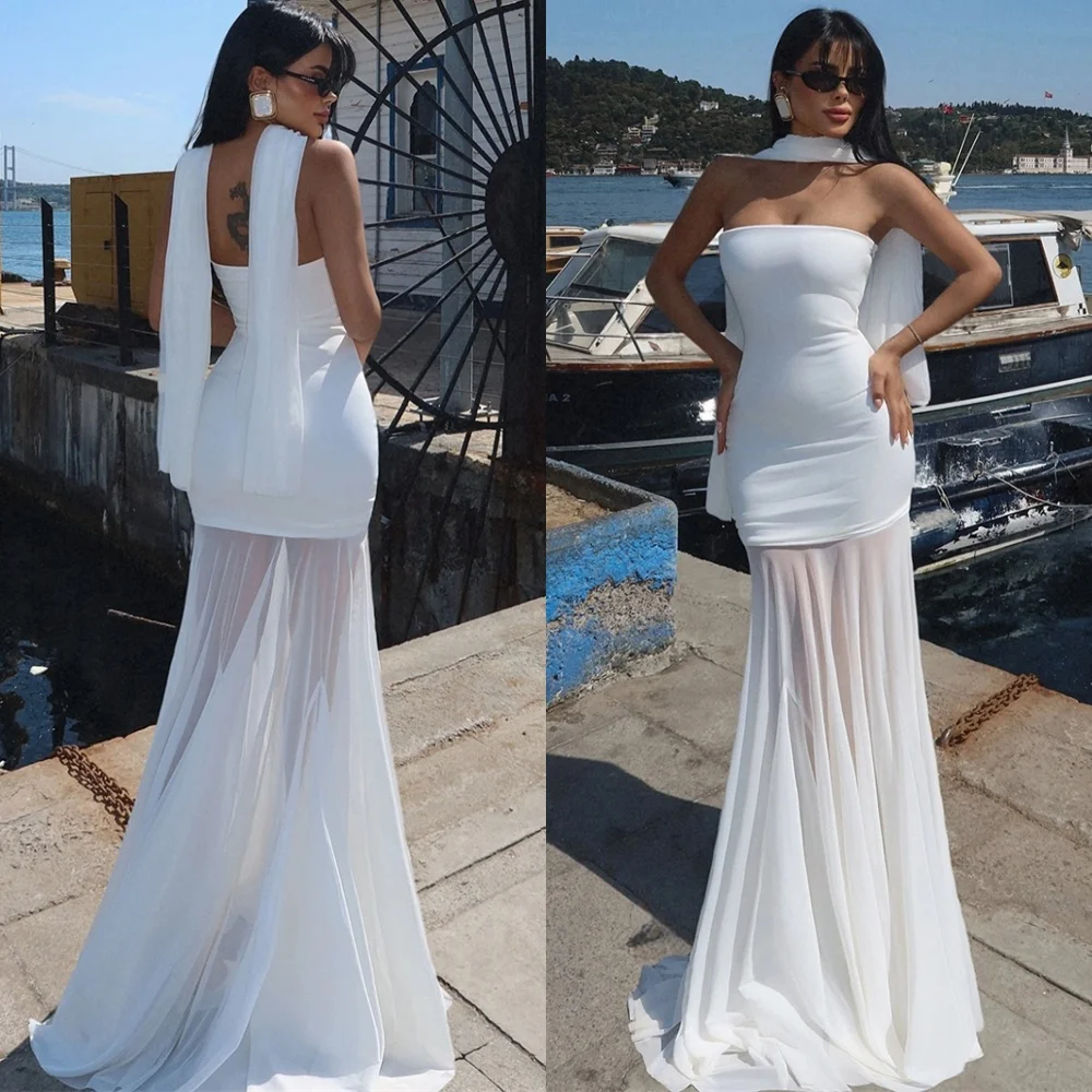

Customized Charming White Evening Dress Exquisite Strapless Sleeveless Celebrity Gowns Luxury Sweep Train Special Occasion Gowns