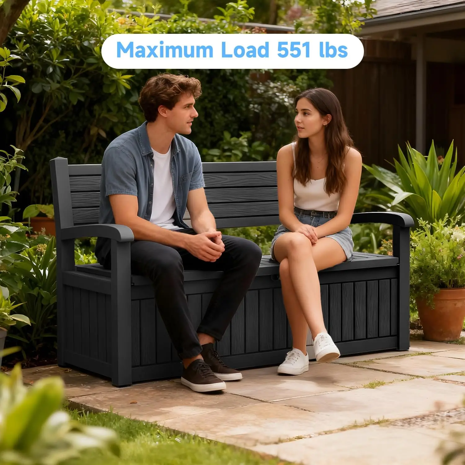 Indoor Plastic Storage Box 80 Gallon Capacity, All Weather Outside Storage Bin With Comfort Cushion Seat, Heavy Duty Patio Deck Bench Organizer For Garden Backyard, Black view 2