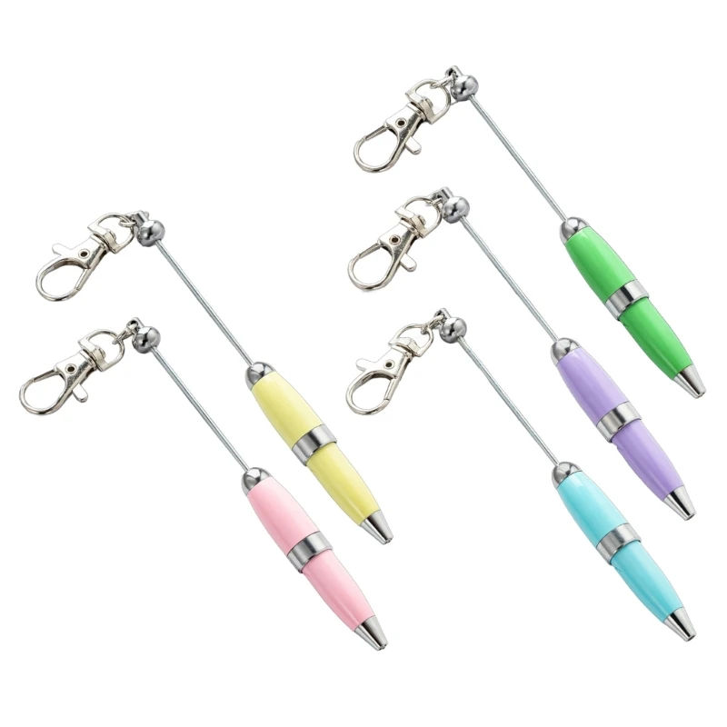 5pcs Beadable Ballpoint Pen with Keychain 1.0mm Pen Metal Stationery Pen Bead Rollerball Pen for School Office