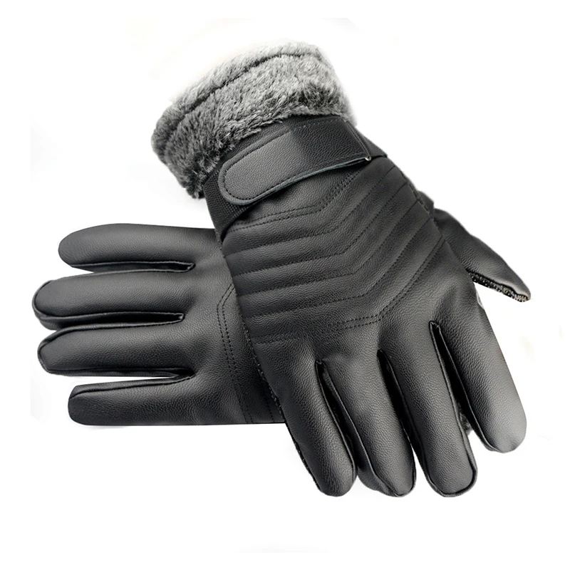 Gants coupe-vent en cuir PU pour hommes, mitaines chaudes à boutons, noir, sports de plein air, conduite, ski, fournitures d'hiver