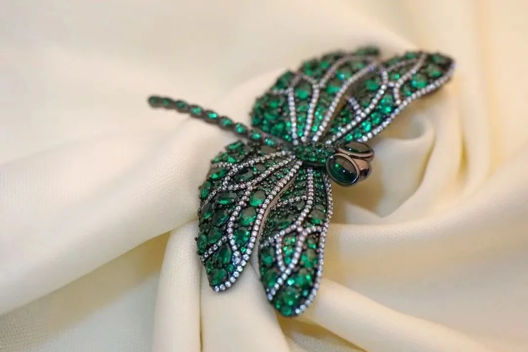 green color  925 sterling silver with cubic zircon dragonfly brooch 43*70MM fine women jewelry for coat dress insect jewelry