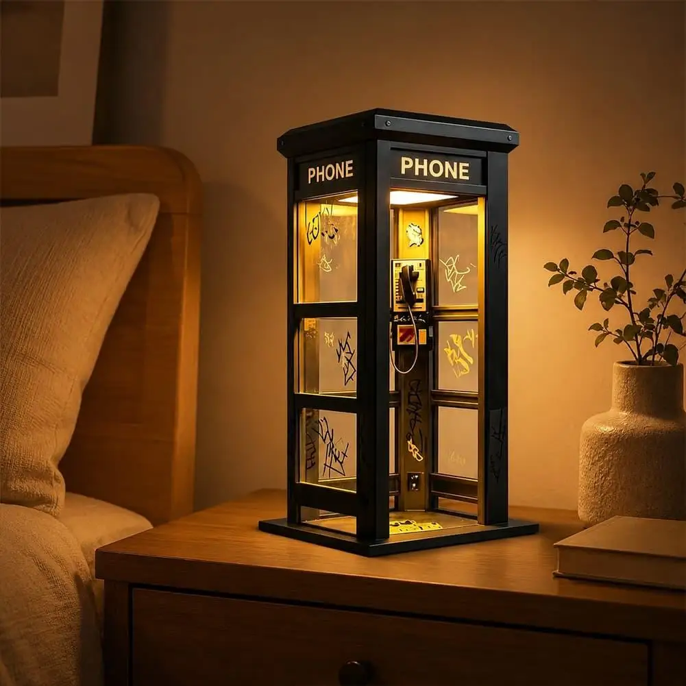 Vintage Telephone Booth LED Night Light Retro Graffiti Phone Box Desk Lamp Home Tabletop Decor Atmosphere Light Gift