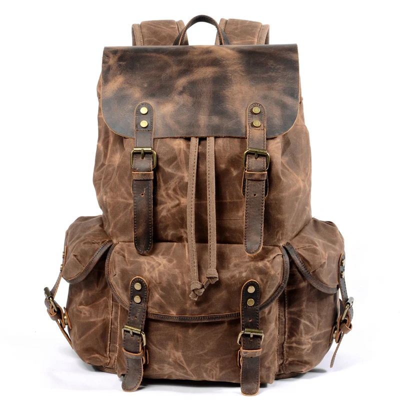 

Vintage Leather Backpack for Men Waxed Canvas Shoulder Rucksack Carry On Travel Backpack