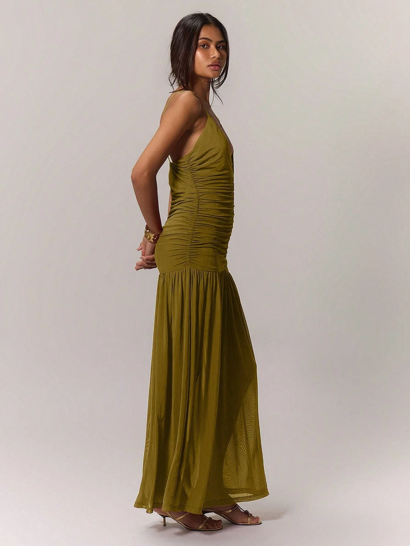 

Ruched Front Deep V Neck Maxi Dress For Vacation Beach Wedding Guest Summer