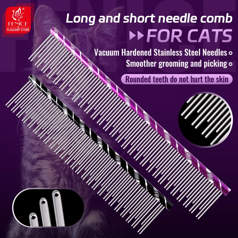 Fenice Professional Cat Grooming Comb Groomer For Pet Groomer Pets Combs Hairbrush Tapered Stainless Steel Pins Cat Hair Care