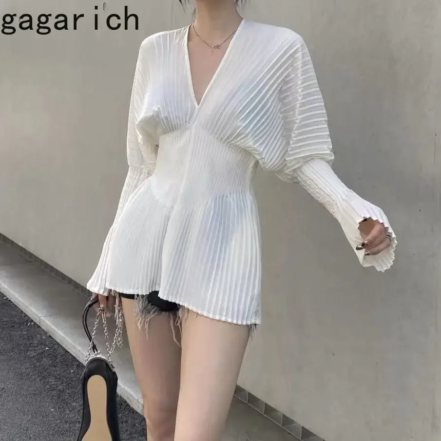 Gagarich Elegant French Temperament V Neck Fairy Pleated Ruffle Waist Dress Women Autumn Silk Spinning Thin A-line Vestidos