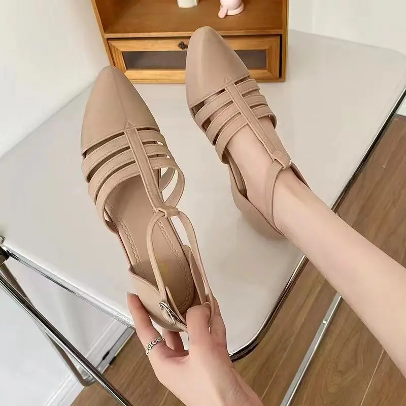 Comfort Shoes for Women Clear Heels Soft Sandals Straps Suit Female Beige  2023 Black Jelly Girls Pointed Low Lace-Up Ankle Soli