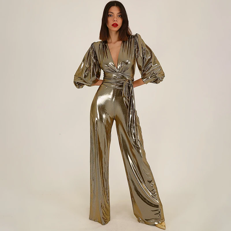 2025 Spring Summer New Arrivals Women's Evening Style Slim Fit Long Sleeve V-Neck Puff Sleeve Metallic Prom Party Jumpsuit