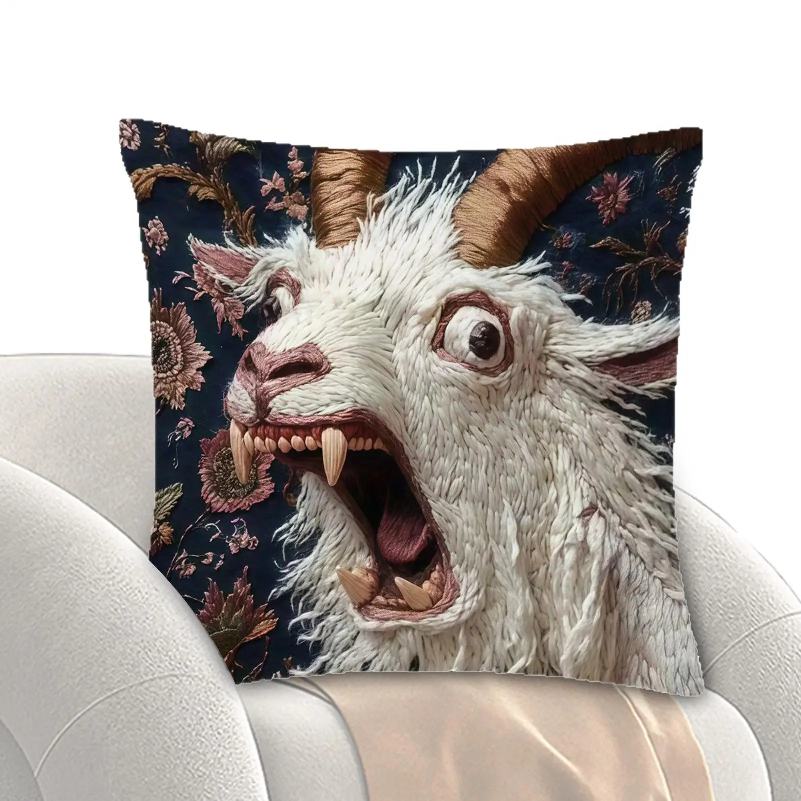 Screaming Goat Pillowcase, 45x45cm, Home Sofa Embroidered Short Plush Cushion Cover, Warm Gift for the Family, 2D Printed