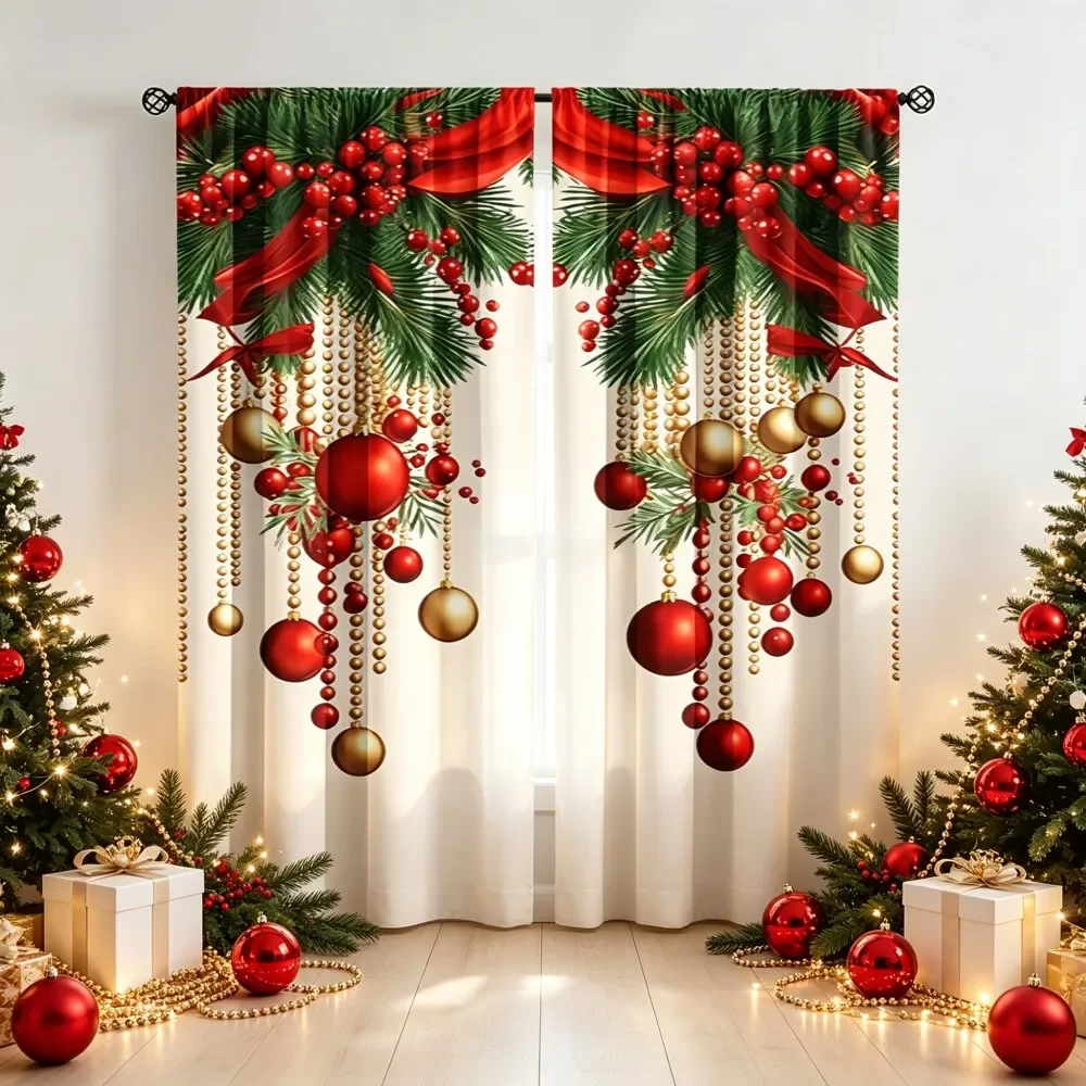 Christmas Curtain Panels Festive Holiday Window Dressing Curtain Set Red Gold Garland Lights Curtain