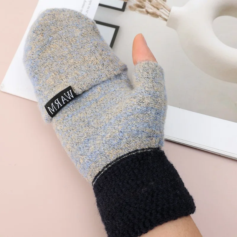 Warm Knitted Flip Fingerless Gloves Girls Exposed Harf Finger Mittens Winter Thickened Glove Knitting Wool Touchscreen Gloves