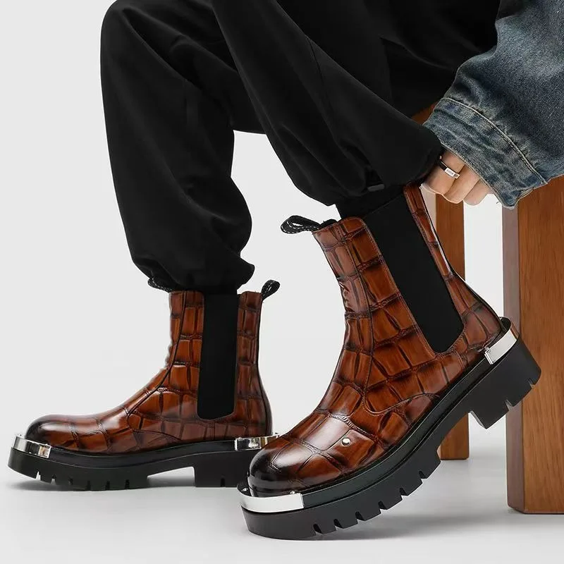 

Мужские повседневные черные высокие туфли с крокодиловым узором, высококачественные мужские короткие коричневые ботильоны с рукавами