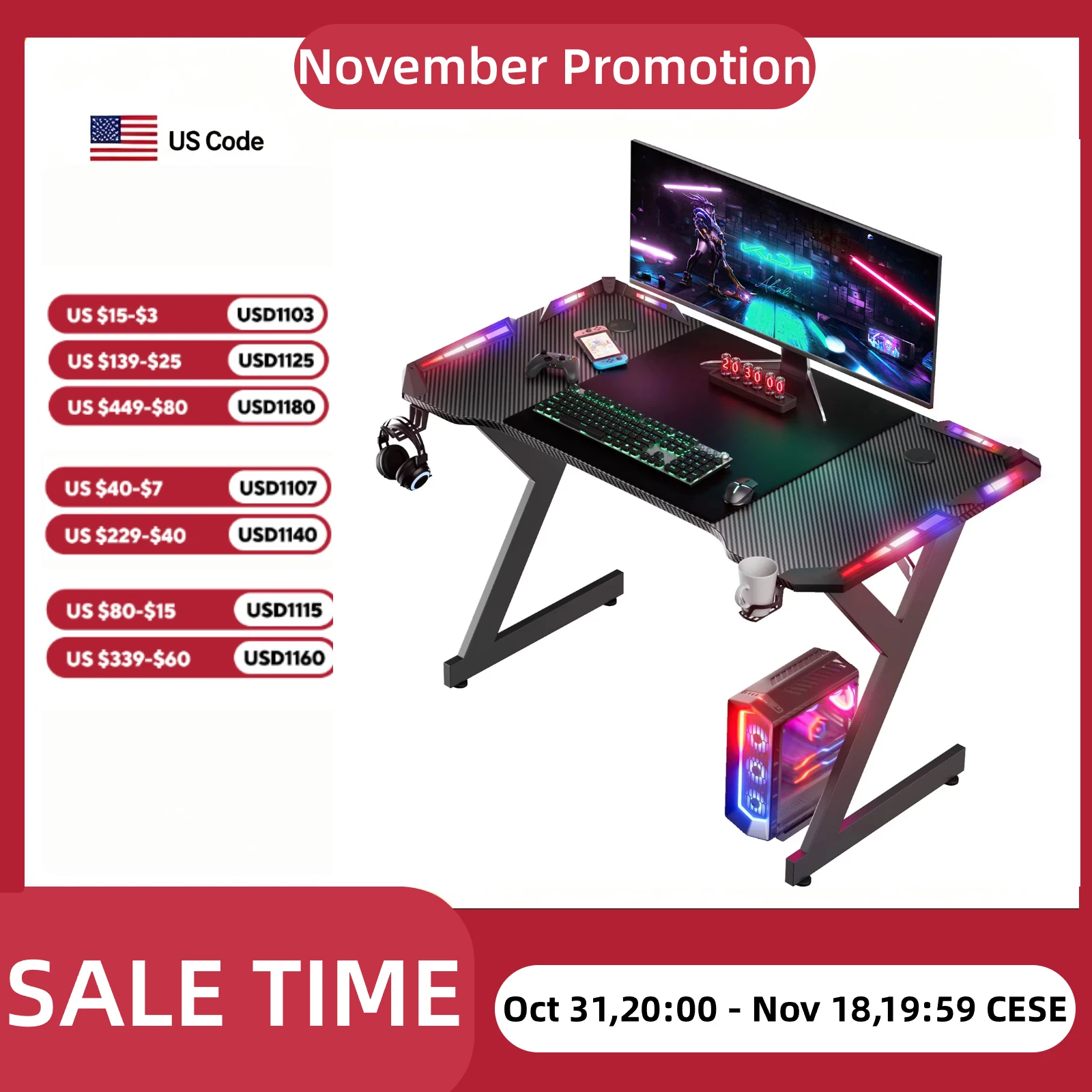 NEBMAAX Office Desk with Headphone Holder and Cup Holder; Ergonomic Computer Desk, Gaming Desk with LED Lighting; Suitable for Both Office and Home Use