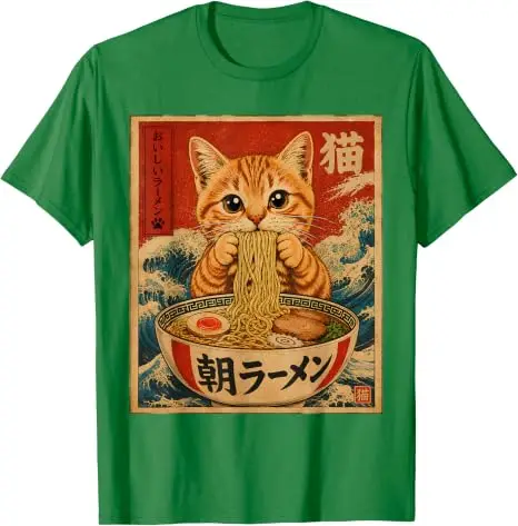 Lustiges Katzen-Ramen-Grafik Retro Japanisches Kawaii Anime Nudel T-Shirt Y2k Cartoon Weiches Baumwoll-T-Shirt für Frauen Männer Harajuku Tees – Detail 15