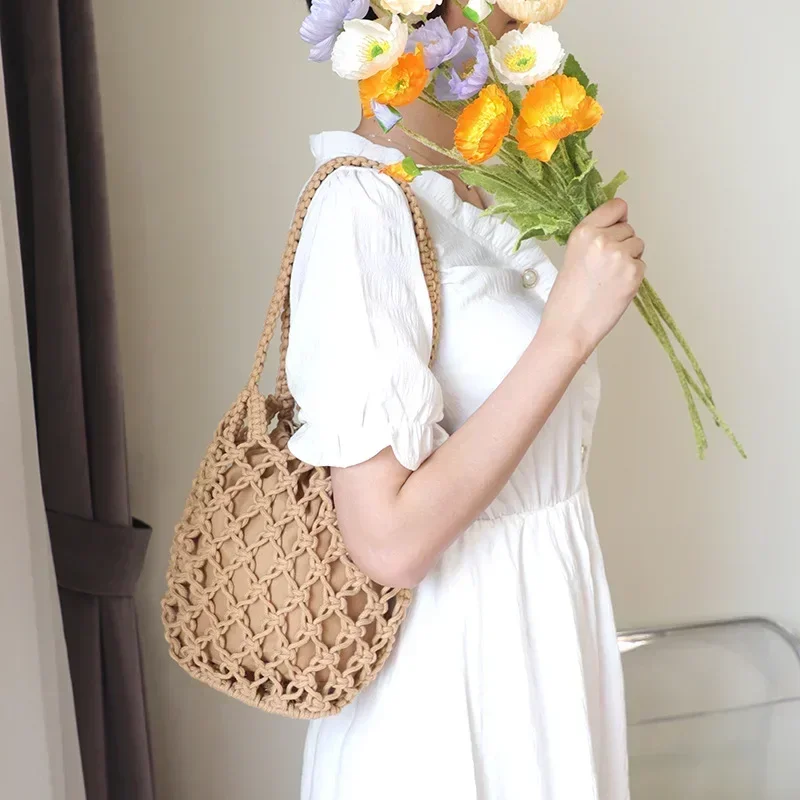 TOUB035 Summer Hollow Woven Shoulder Bag Solid Color Lightweight Casual Wild Bucket Purse Handbag