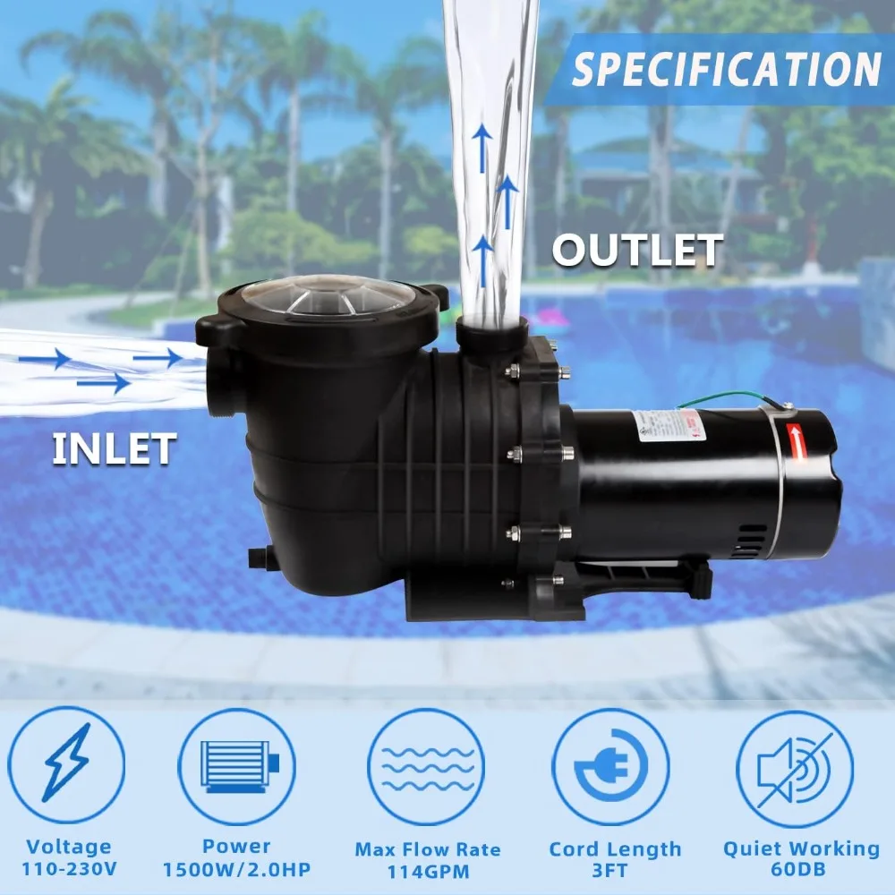 2HP 110V / 230V مضخة حمام سباحة مزدوجة الجهد 114GPM فلتر حديقة تحت الأرض وأعلى مضخة مياه لحمامات السباحة الأرضية - رائجة البيع!