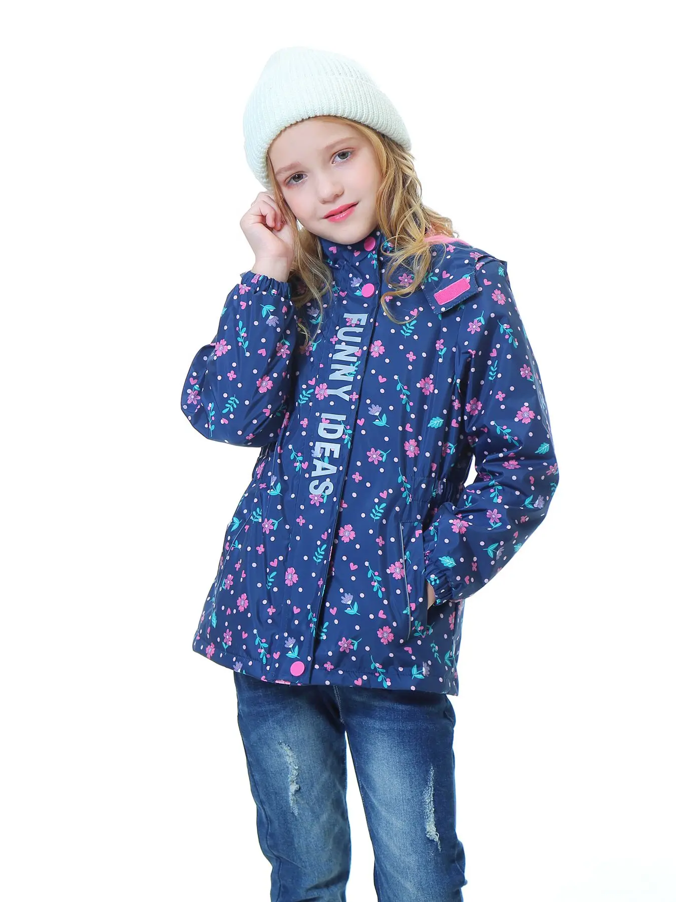 Girls Thin Fleece-lined Jacket With Hooded Reflective Label Zip-up Rain Jacket Windbreaker For Outdoor