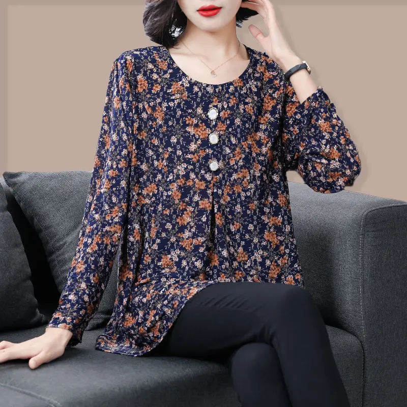 Woman Spring Autumn Elegant Fashion Long Sleeve Loose Blouses Tops Lady Casual Round Neck Flower Printed T-shirt Female Clothing