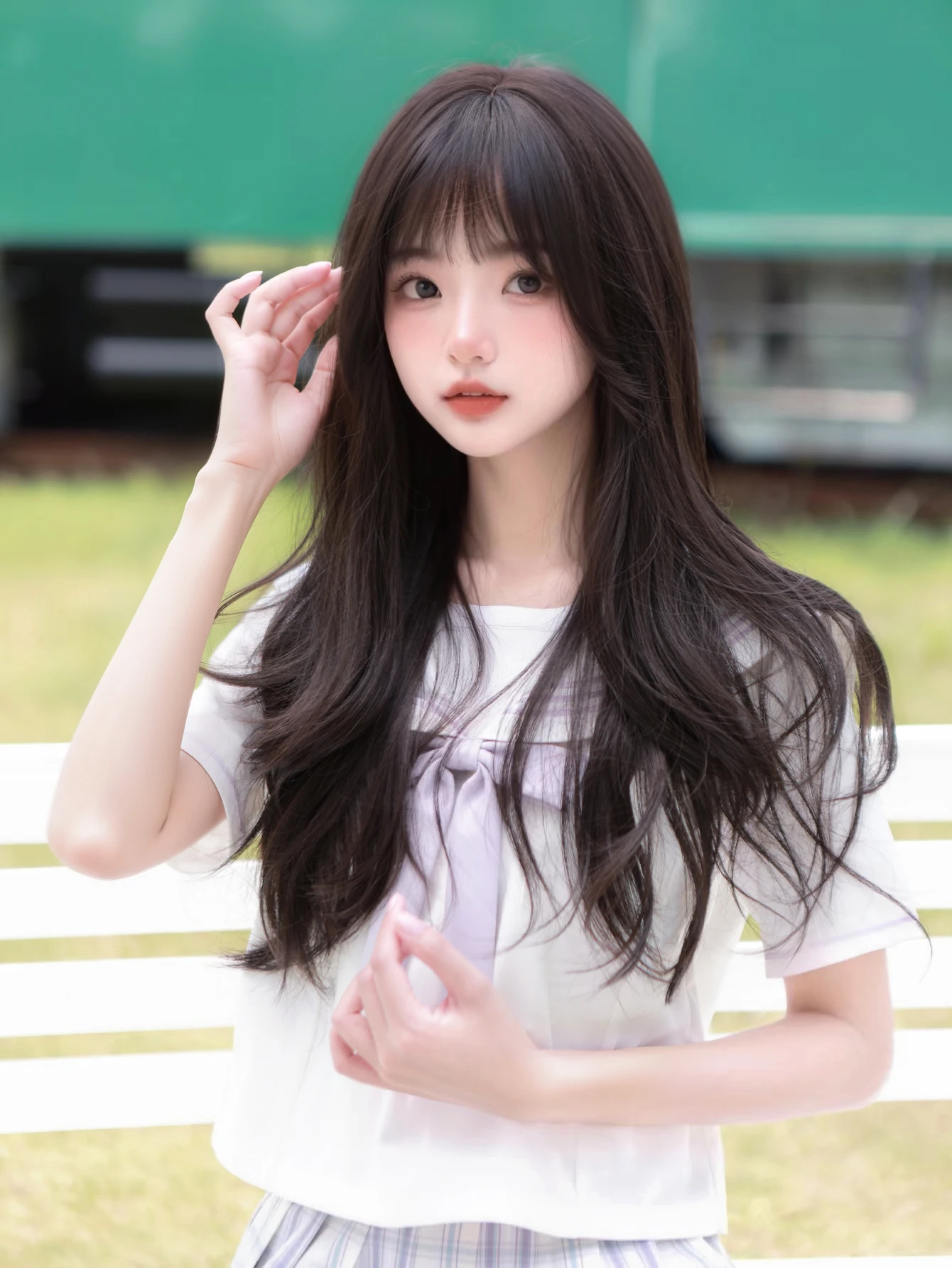 Wig sintetis cantik segar hitam Natural 26 inci dengan Wig rambut bergelombang Natural panjang untuk wanita sehari-hari Cosplay tahan panas